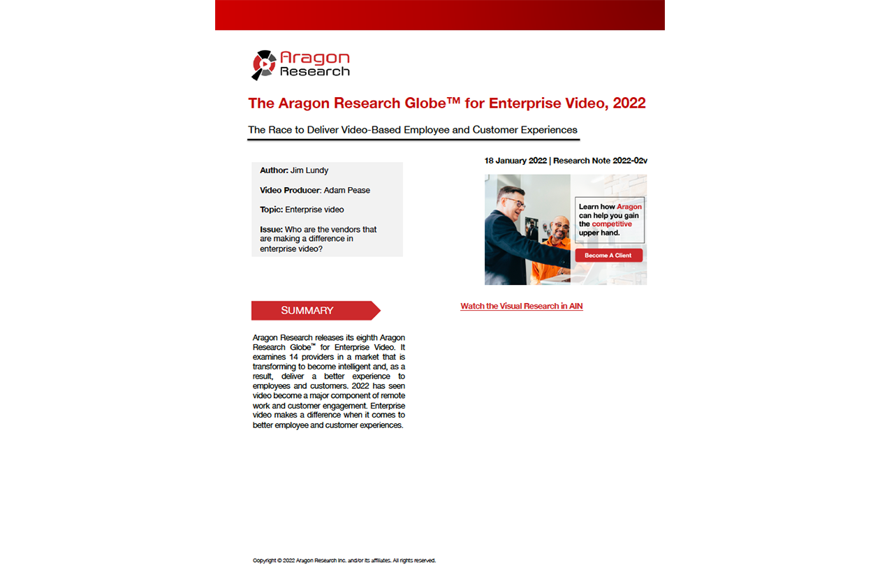 Aragon Research Globe for Enterprise Video 2022 cover.
